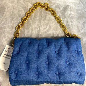 ZARA BLUE QUILTED DENIM SHOULDER BAG CHUNKY GOLD METAL CHAIN CROSSBODY HANDBAG M